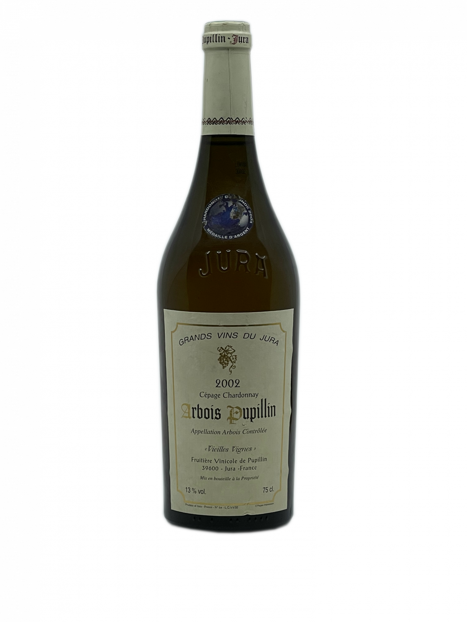 Jura Arbois Pupillin Chardonnay millésime Grand Vin France médaille argent meilleur chardonnay du monde concours fruitière coopérative vinification traditionnelle puissant gourmand aromatique abricot pomme mûre miel floral rondeur longueur doux délicat équilibré finesse acacia tilleul pamplemousse
