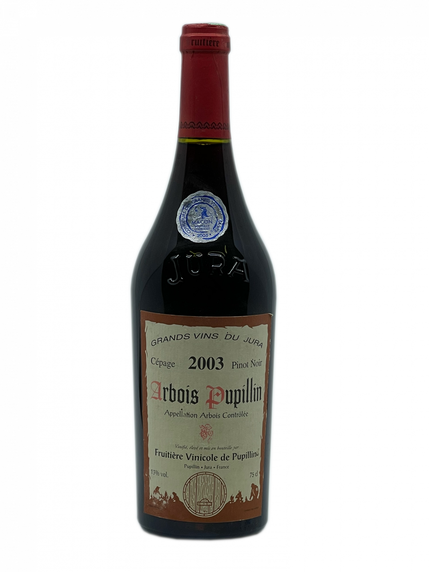 Jura Arbois Pupillin Chardonnay millésime Grand Vin France puissant médaille argent tannique apogée 20 ans cépage meilleur Pinot Noir concours fruitière coopérative vinification traditionnelle puissant gourmand aromatique mûre ferme fruité boisé sous bois grillé rondeur longueur structuré délicat équilibré finesse